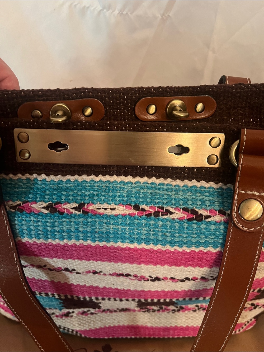 Patricia Nash Pink Turquoise Woven Stripe Tote with Brown Leather Handles - Picture 6 of 15